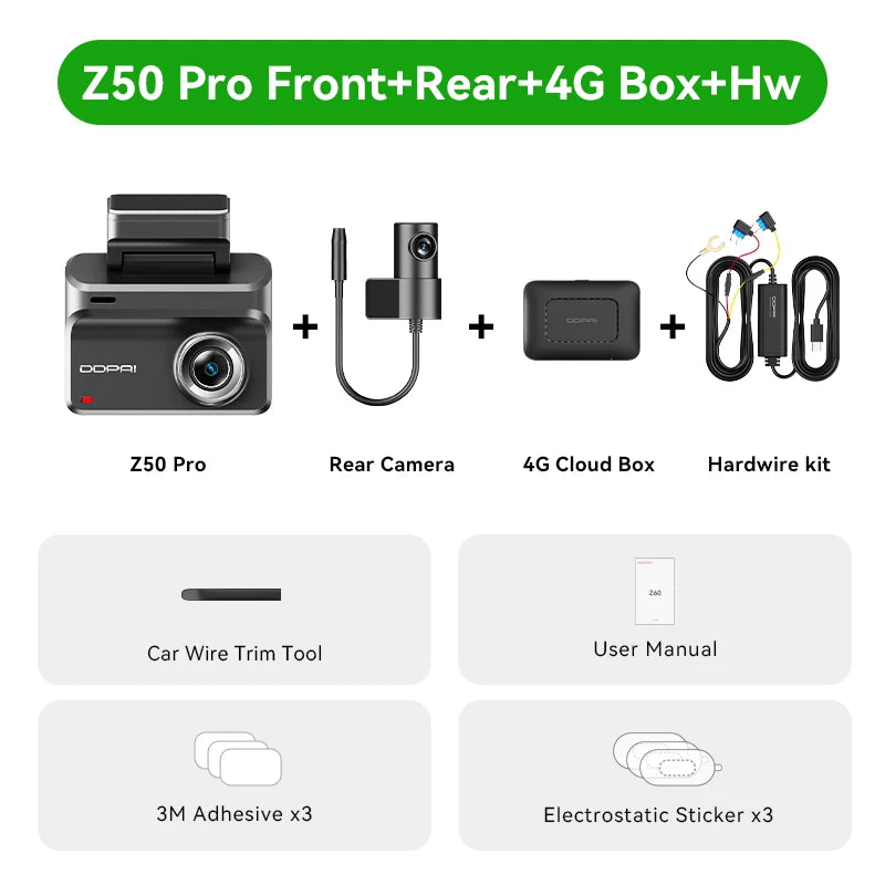 Device+ Z50 pro Dash Cam 4K Night Vision 5GHz Wi-Fi GPS ADAS 24H Parking Monitor Front & Rear Camera Support up to 512GB