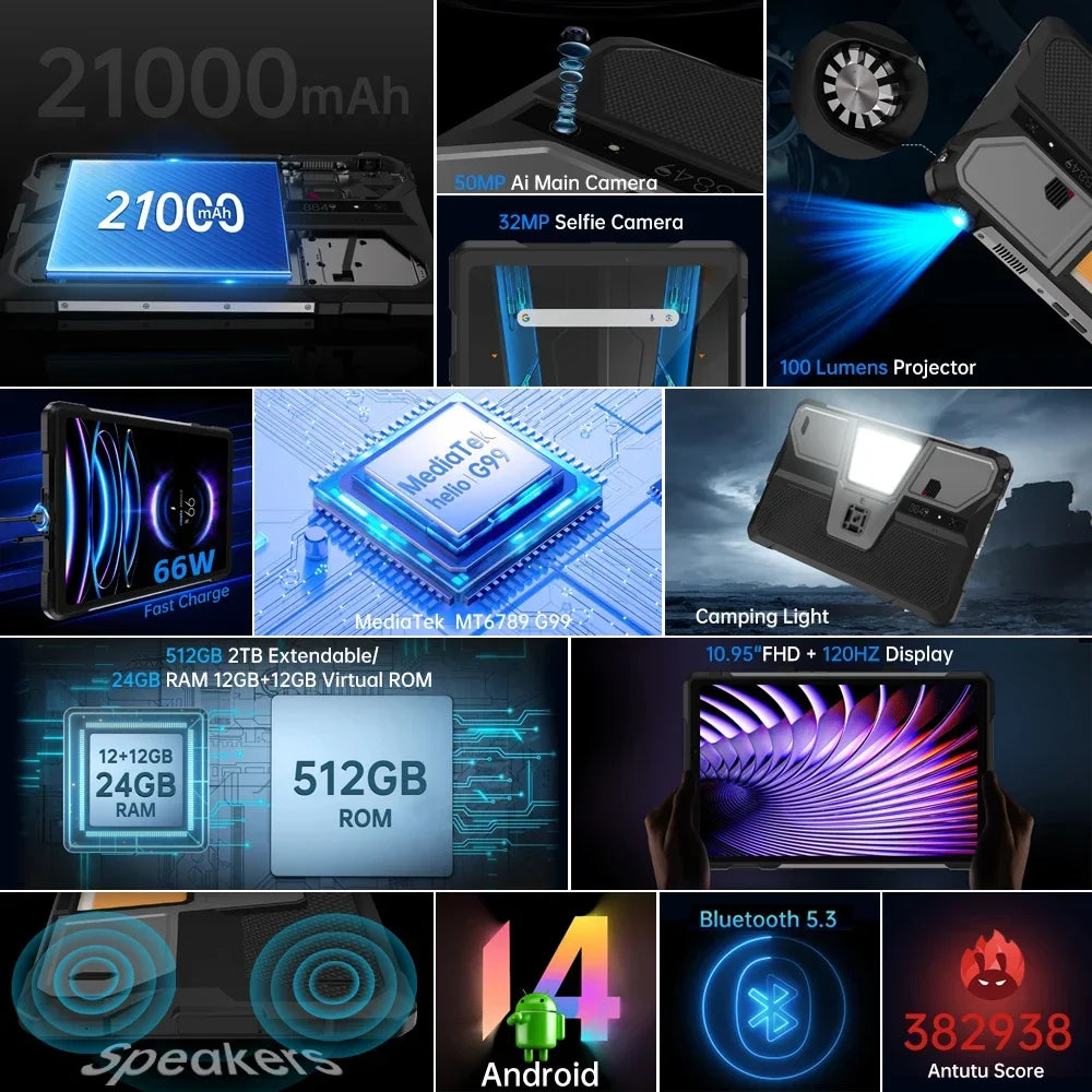 Rugged Projector Tablet - 10.95" 120Hz Android 14 with Built-in Projector & 21000mAh Battery
