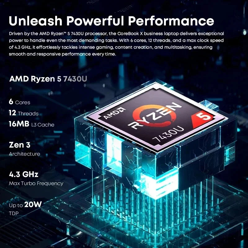 CoreBook X 14.1'' 2K Gaming Laptop AMD R5-7430U 16GB DDR4 RAM 512GB SSD Windows 11 Wifi6 up to 8h Battery Life