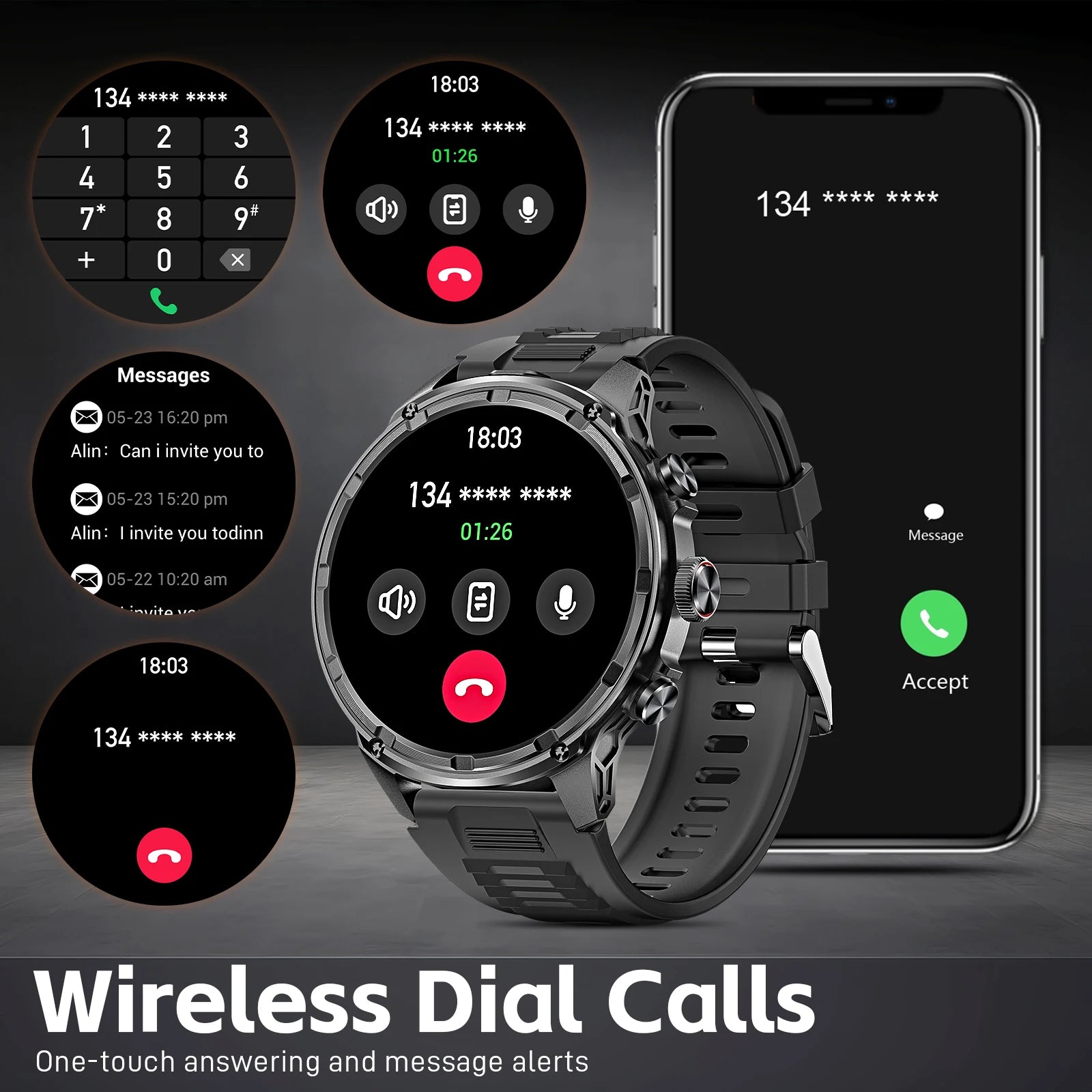 Device+ Military Rugged Smart Watch - 1.85" HD 710mAh Battery 100+ Sports Modes Heart Rate Monitor