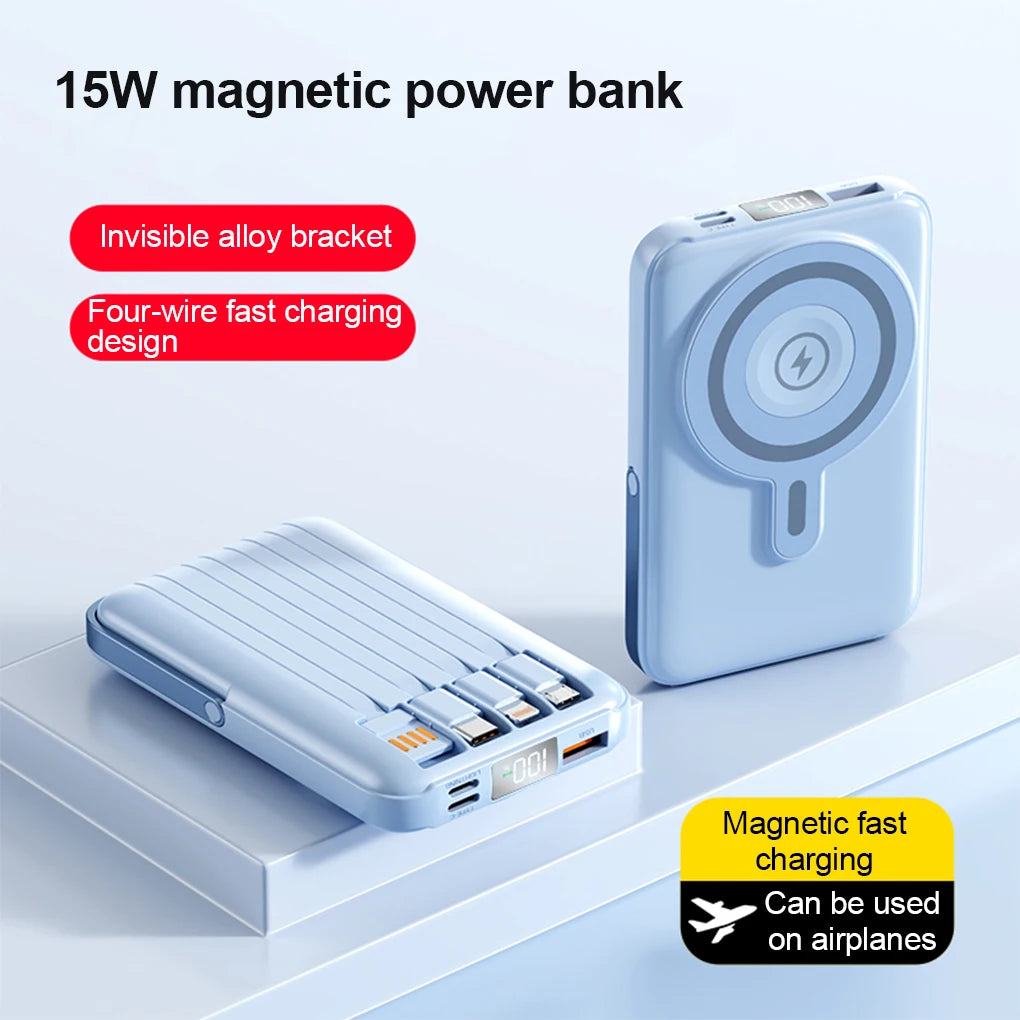 Device+ 10000mAh Magnetic Power Bank with Stand - 22.5W Wireless Fast Charging Built-In Cables