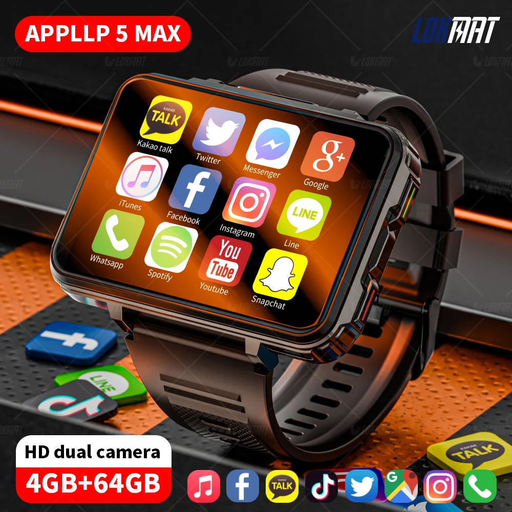 APPLLP 5 MAX Android Smartwatch - Dual Camera Flashlight 4G Calls WiFi Square Screen Gaming Watch