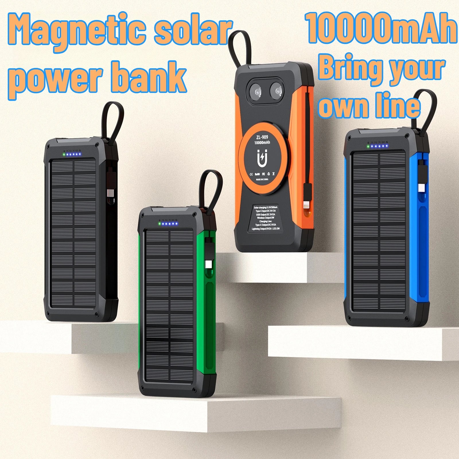 Device+ 20000mAh Solar Power Bank - 3-in-1 Magnetic 15W Wireless Charging with Built-In Cables