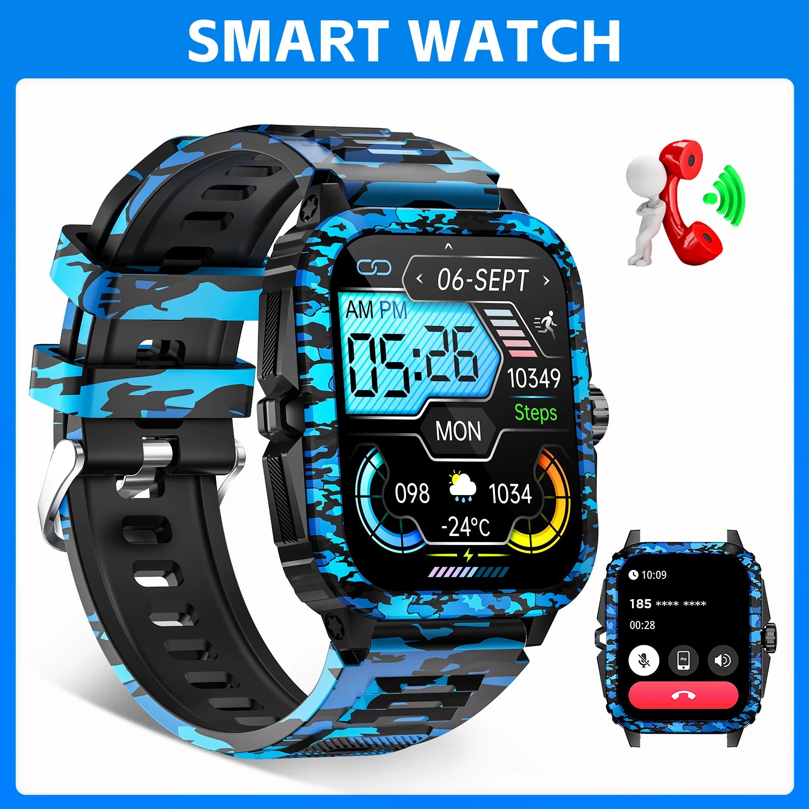 Device+ KT71 Camouflage Smart Watch - 3ATM Waterproof 1.96" Fitness Tracker with Bluetooth Calling