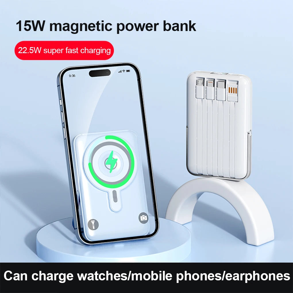 Device+ 10000mAh Magnetic Power Bank with Stand - 22.5W Wireless Fast Charging Built-In Cables
