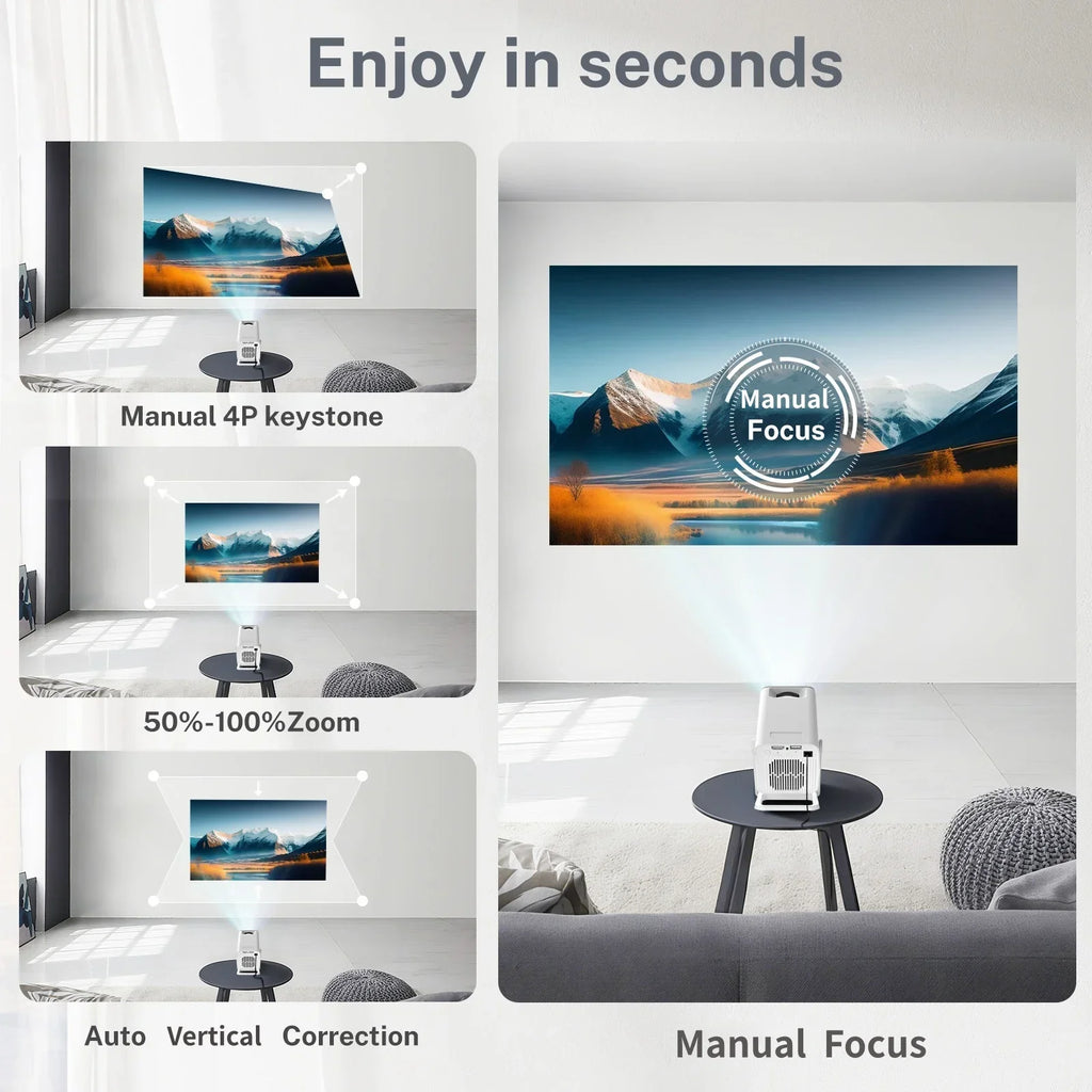 Device+ Smart Mini Projector 1080P 4K WiFi 6 & BT 5.4 Built-in Android TV Apps Auto Keystone 180° Rotation Outdoor Beamer 2000 Lumens