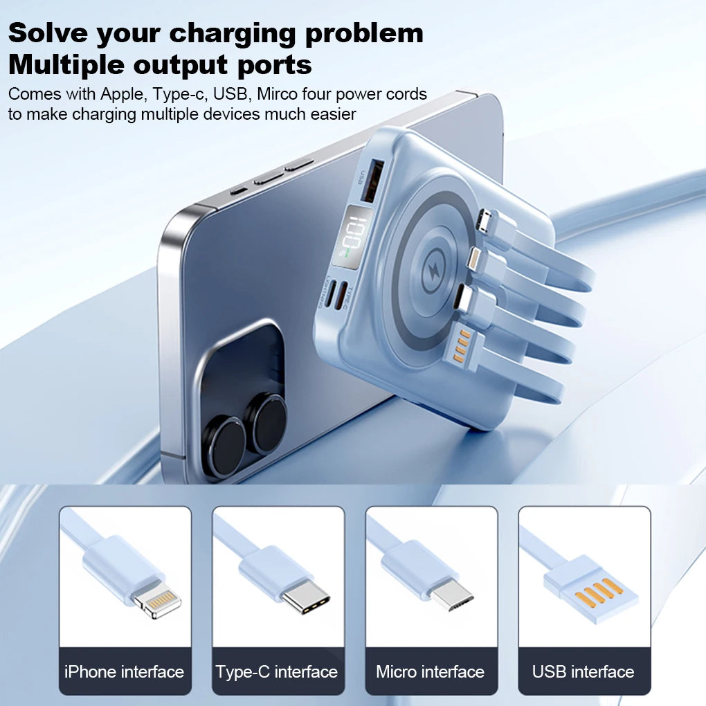 Device+ 10000mAh Magnetic Power Bank with Stand - 22.5W Wireless Fast Charging Built-In Cables