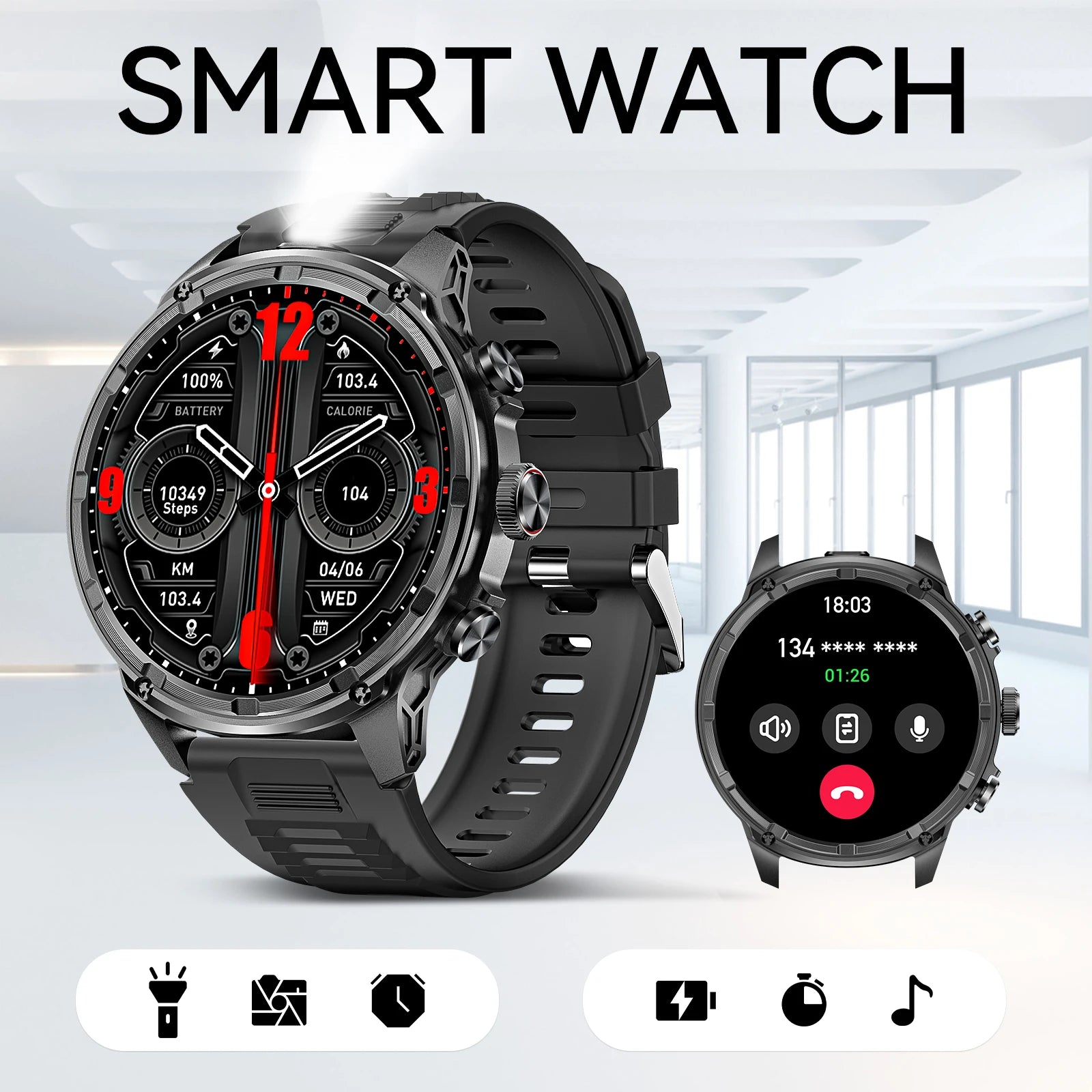 Device+ Military Rugged Smart Watch - 1.85" HD 710mAh Battery 100+ Sports Modes Heart Rate Monitor