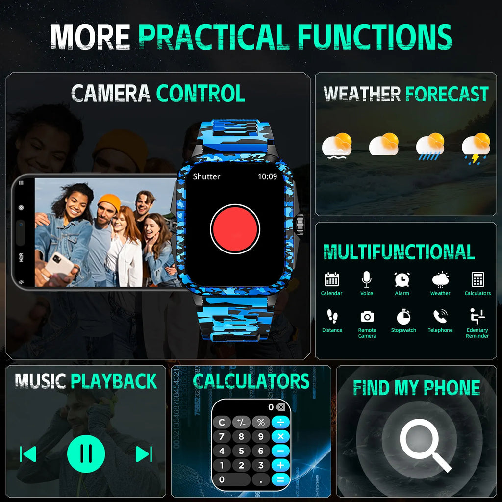 Device+ KT71 Camouflage Smart Watch - 3ATM Waterproof 1.96" Fitness Tracker with Bluetooth Calling