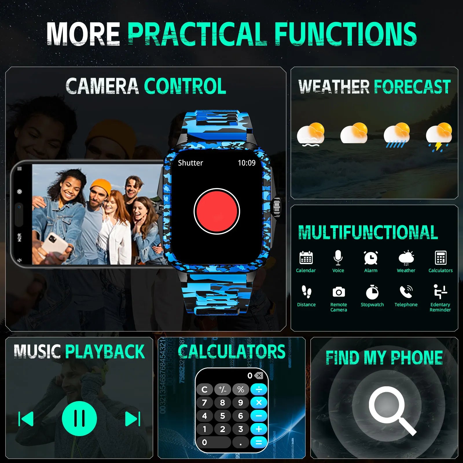 Device+ KT71 Camouflage Smart Watch - 3ATM Waterproof 1.96" Fitness Tracker with Bluetooth Calling