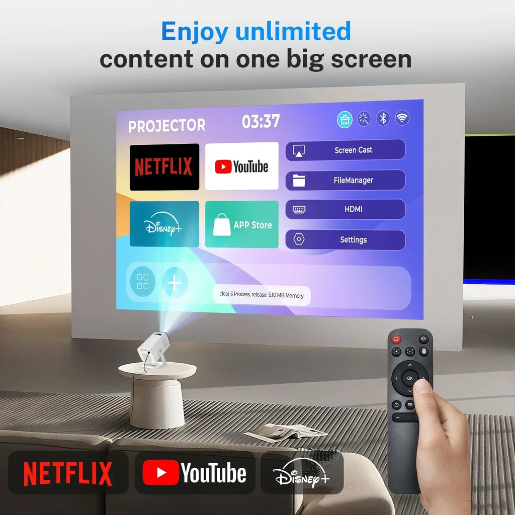 Device+ Smart Mini Projector 1080P 4K WiFi 6 & BT 5.4 Built-in Android TV Apps Auto Keystone 180° Rotation Outdoor Beamer 2000 Lumens