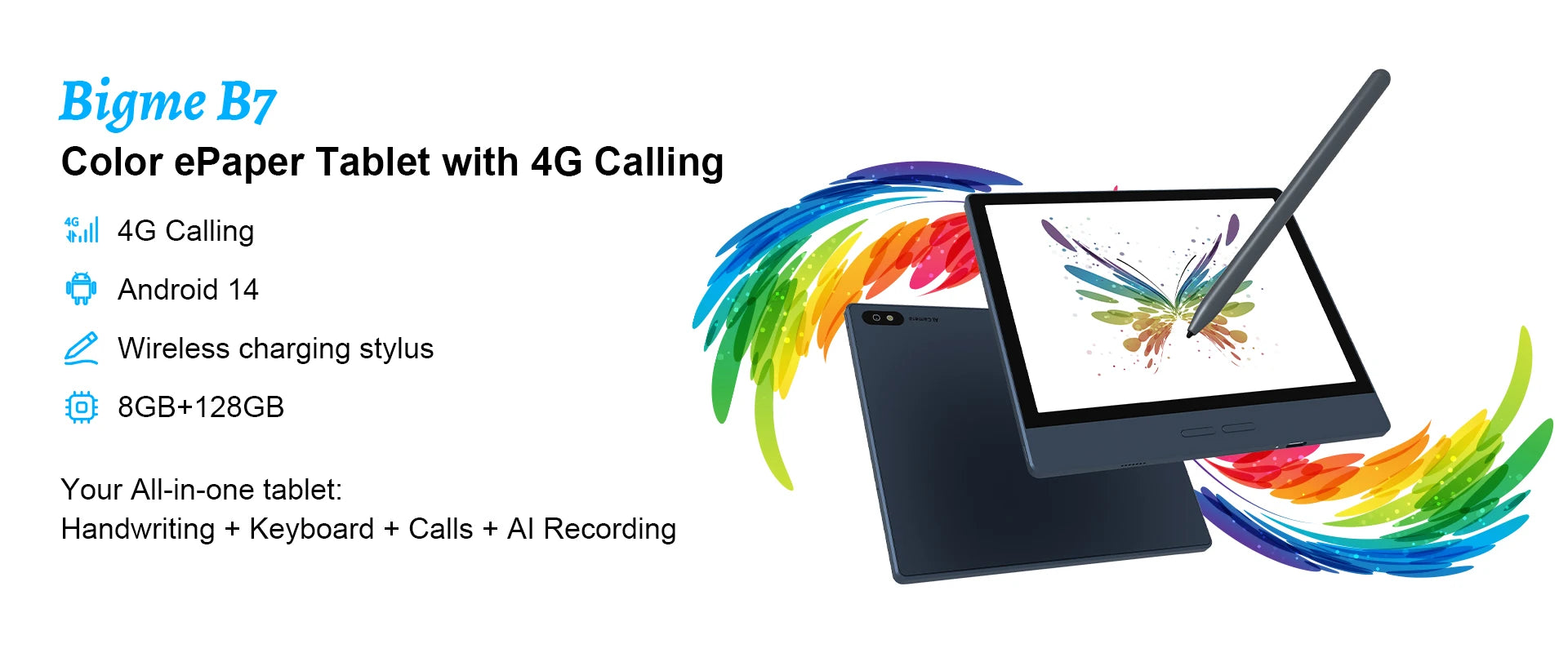 Device+ B7 E-Ink E-Reader 7'' Android 14 Tablet with 8+128GB Storage 5MP Rear Camera Handwritten Note Support WiFi Bluetooth