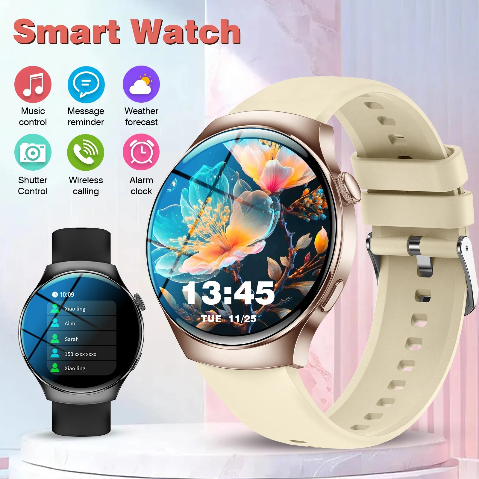 Elegant Floral Smart Watch - Round Display with Wireless Calling for Women & Men