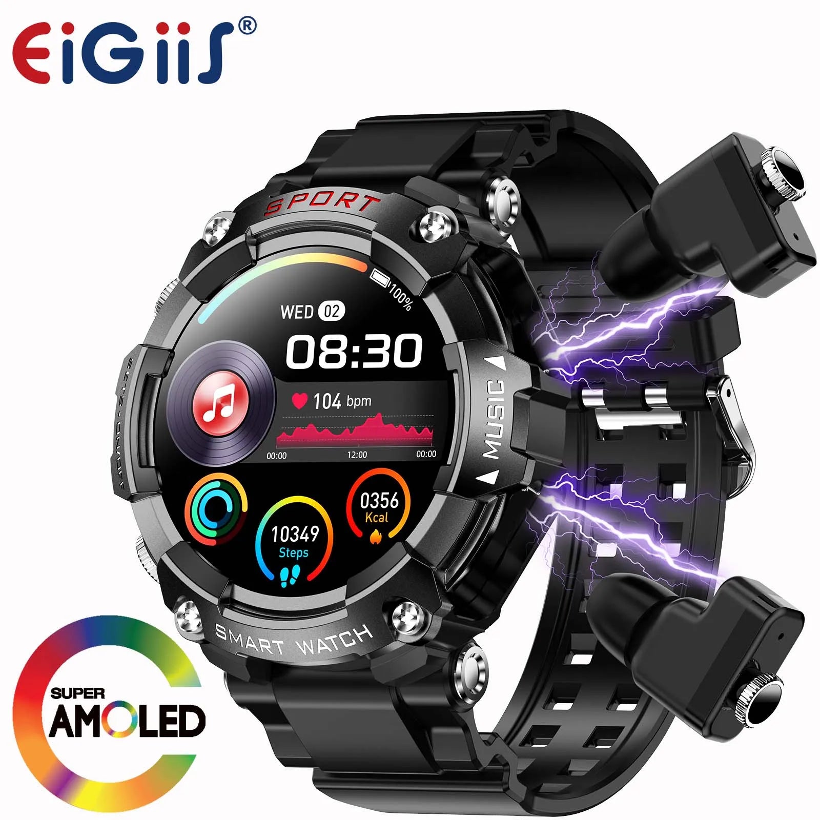 Device+ 2-in-1 Smart Watch with Bluetooth Earbuds - AMOLED Display Health Monitor HD Audio