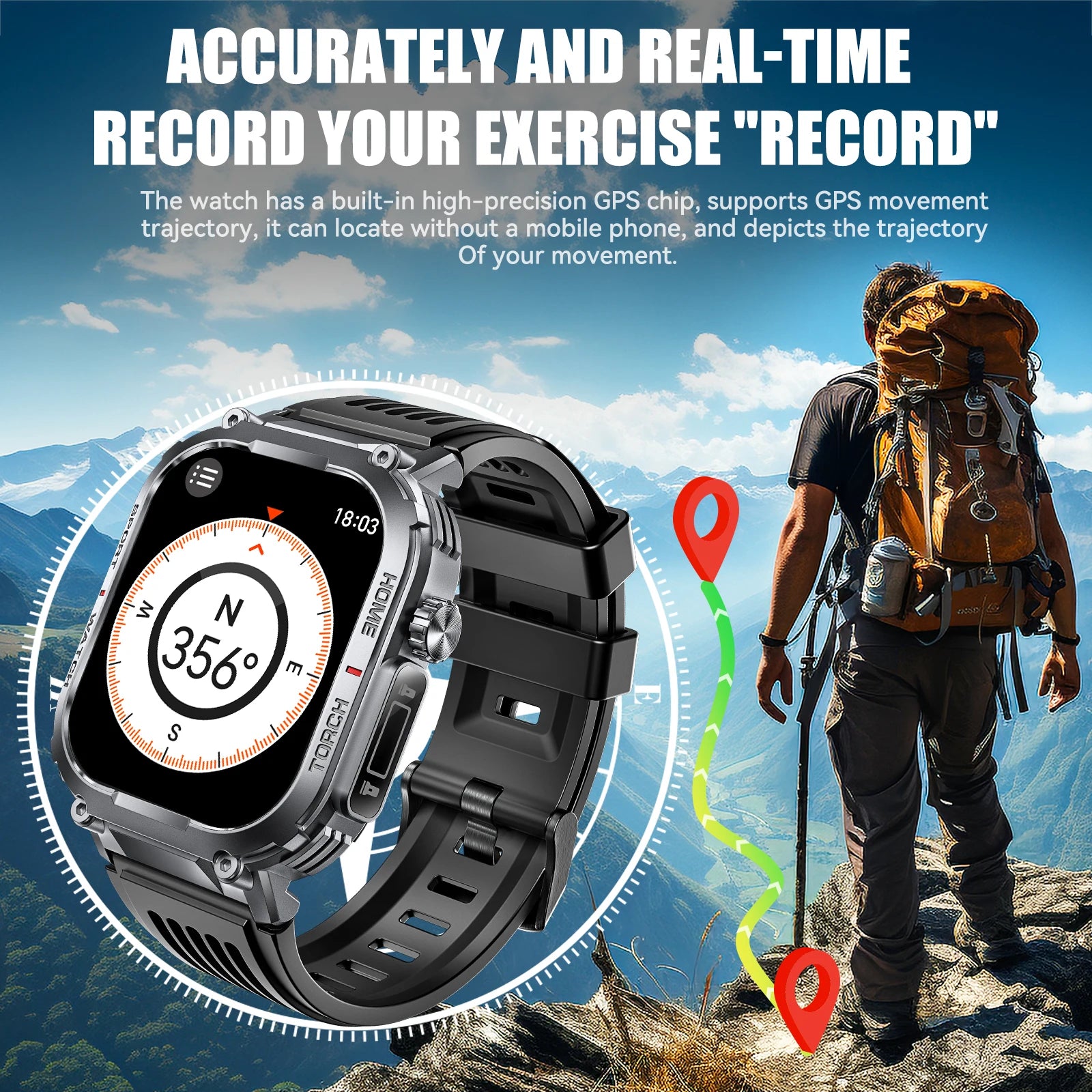 Device+ 3ATM Waterproof Smart Watch - 2.02" Display Compass LED Flashlight Sports Fitness Tracker