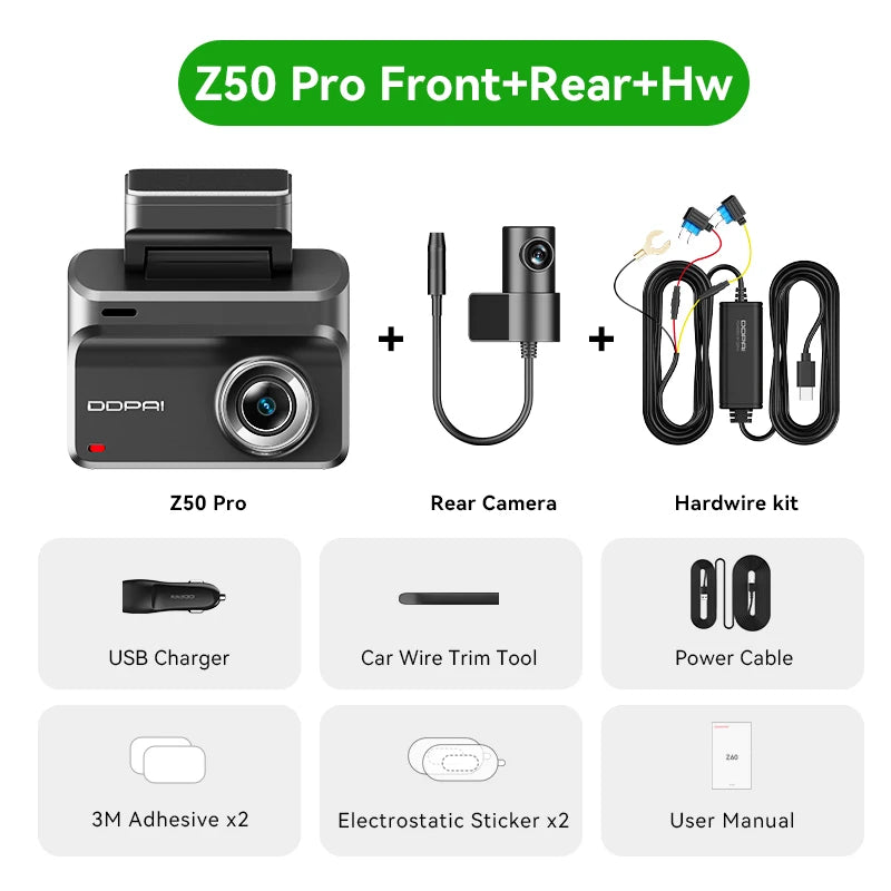 Device+ Z50 pro Dash Cam 4K Night Vision 5GHz Wi-Fi GPS ADAS 24H Parking Monitor Front & Rear Camera Support up to 512GB